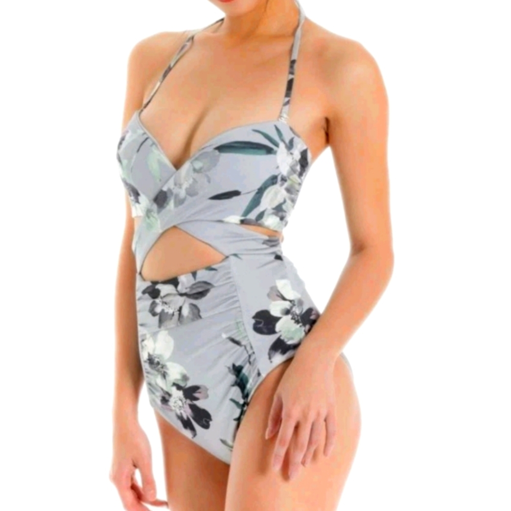 WET Swimweat Luxe Yacht Taylor One-Piece Swimsuit In Gray Floral Size MED